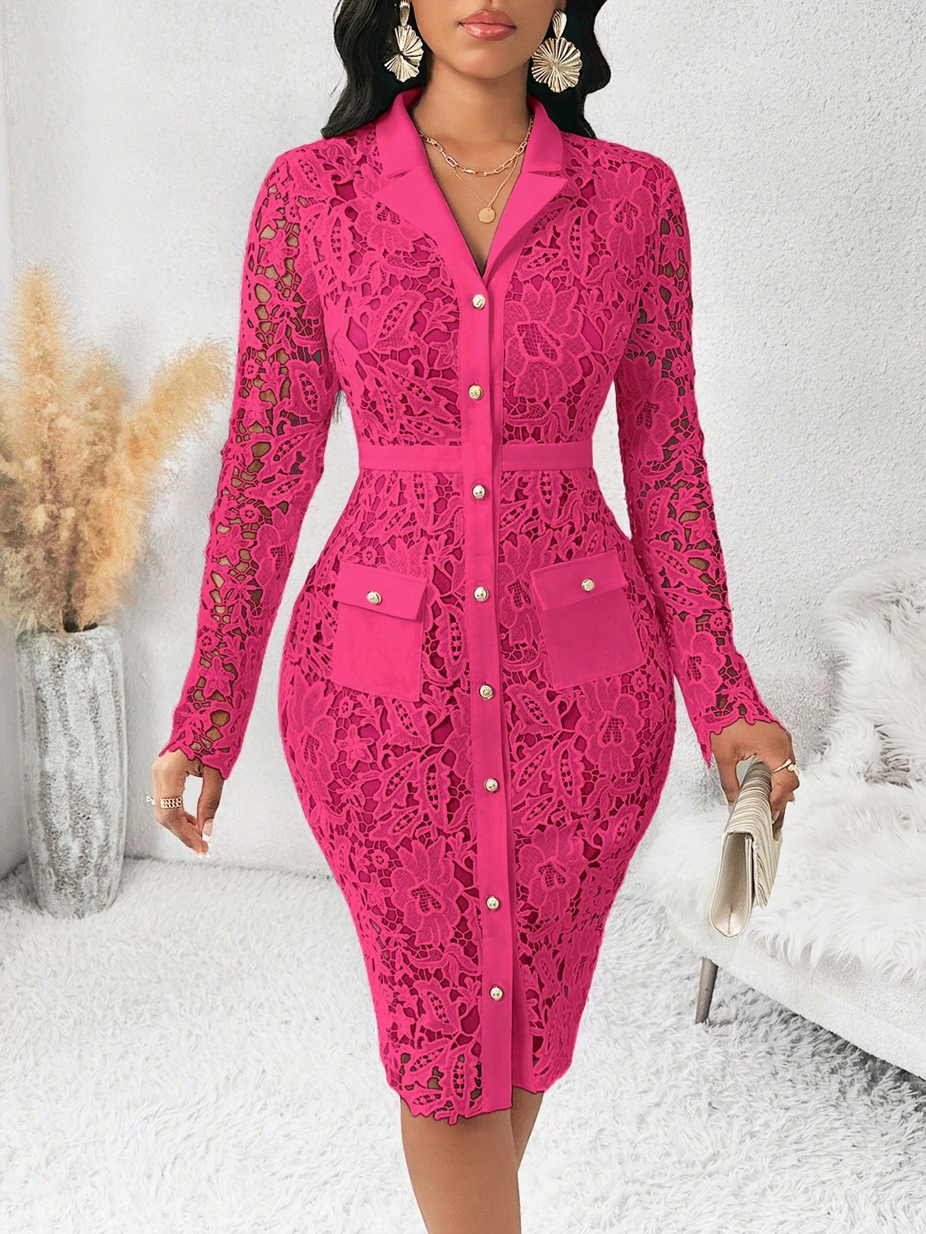 Šaty MIDI Elegantní Košilová Z Gipiurové Krajky Růžová Shein L
