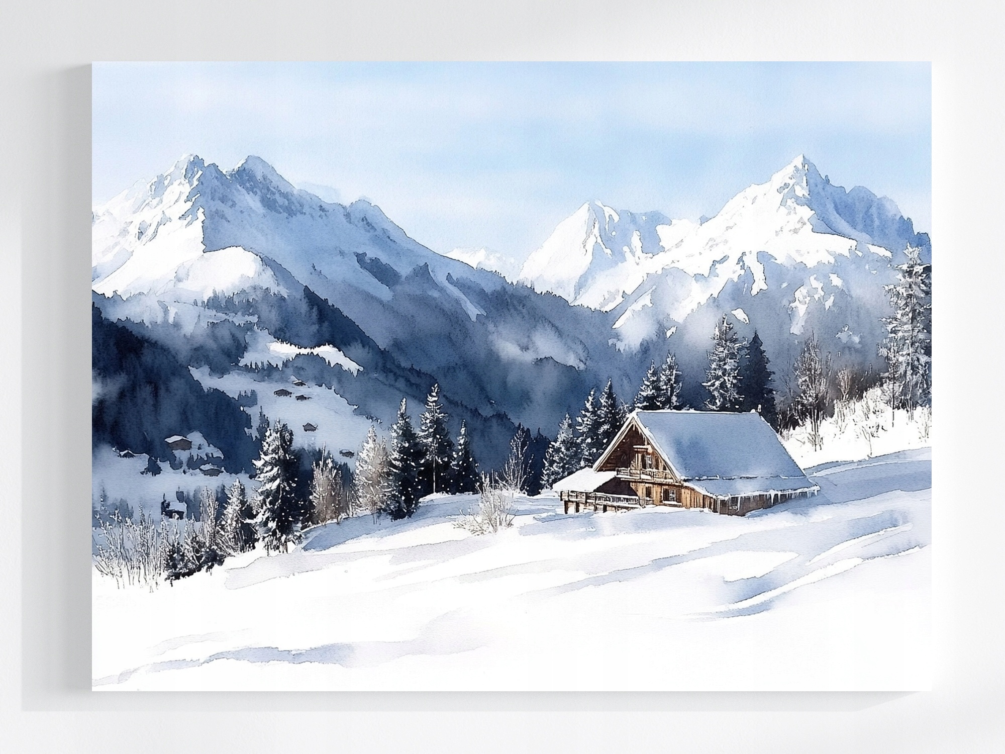 Obraz Na Plátně Canvas Akvarel Krajina Hory Alpy Útulek Zima 80x60