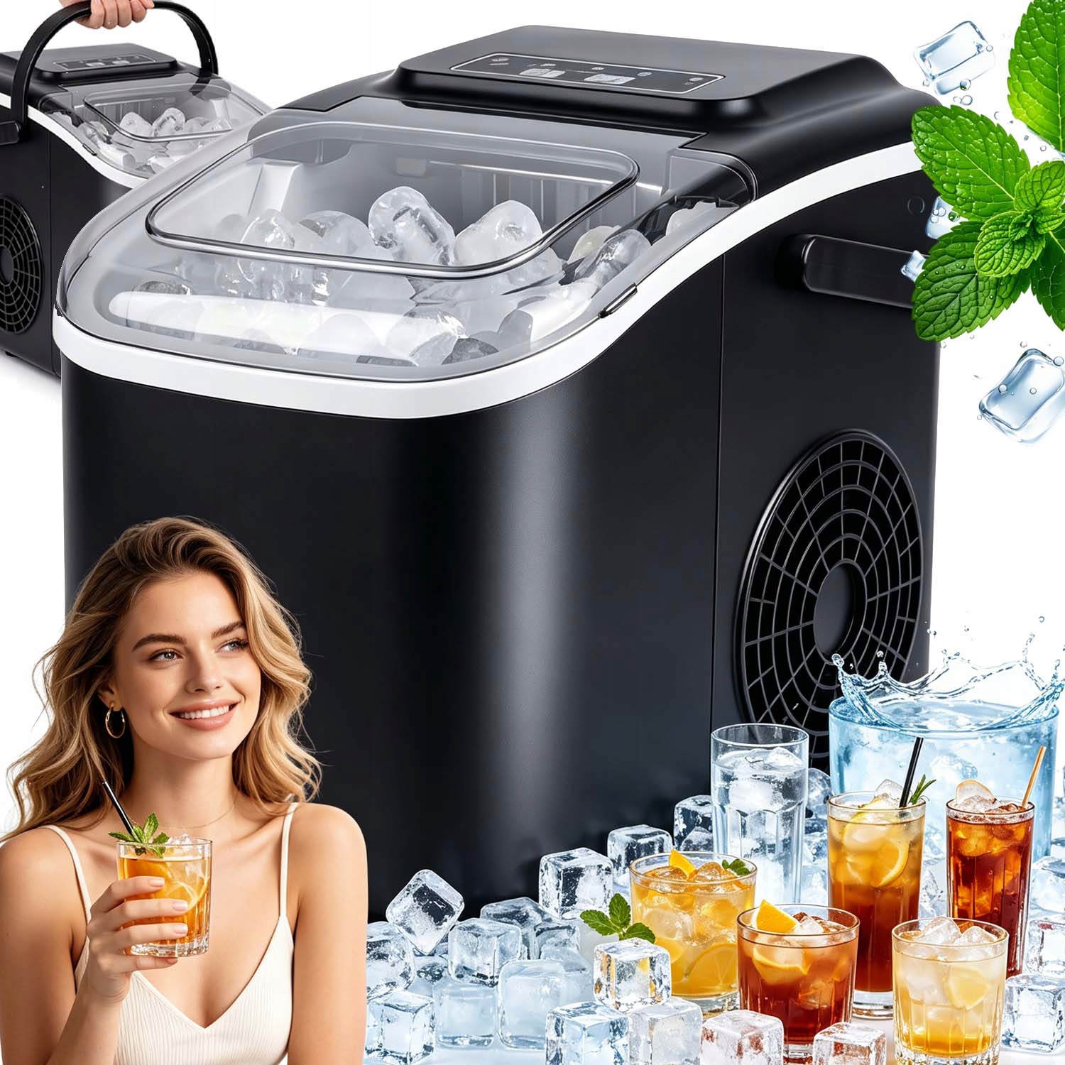 Výrobník Ledu Výkonný Rychlý Stroj Na Kostky 12 Kg 90 W Černý Lopatka
