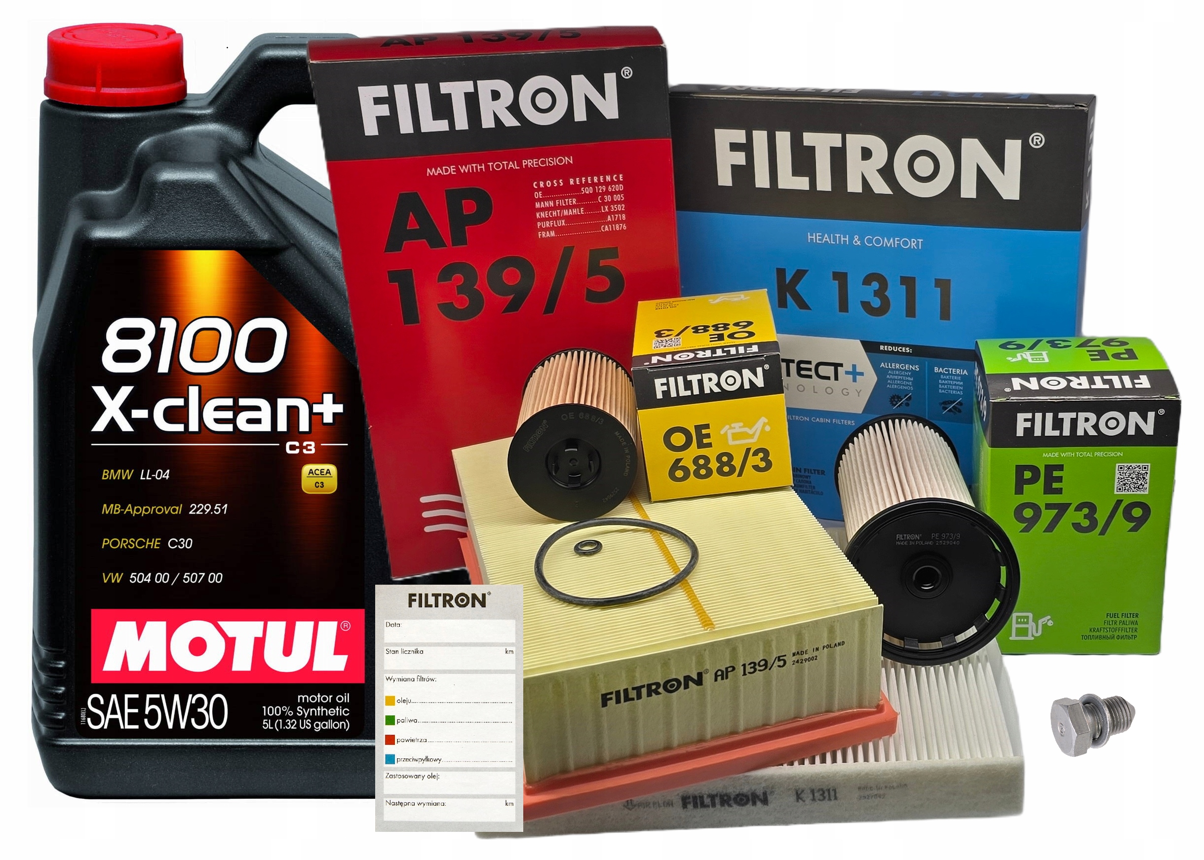 Sada filtrů Filtron Audi Vw Škoda Seat 1.6 2.0 Tdi Olej Motul 5W-30 5L