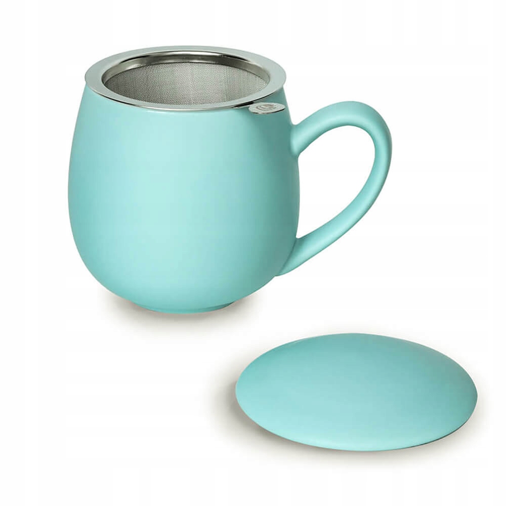 Levně Matný porcelánový mátový hrnek s nerezovou konvičkou a víčkem