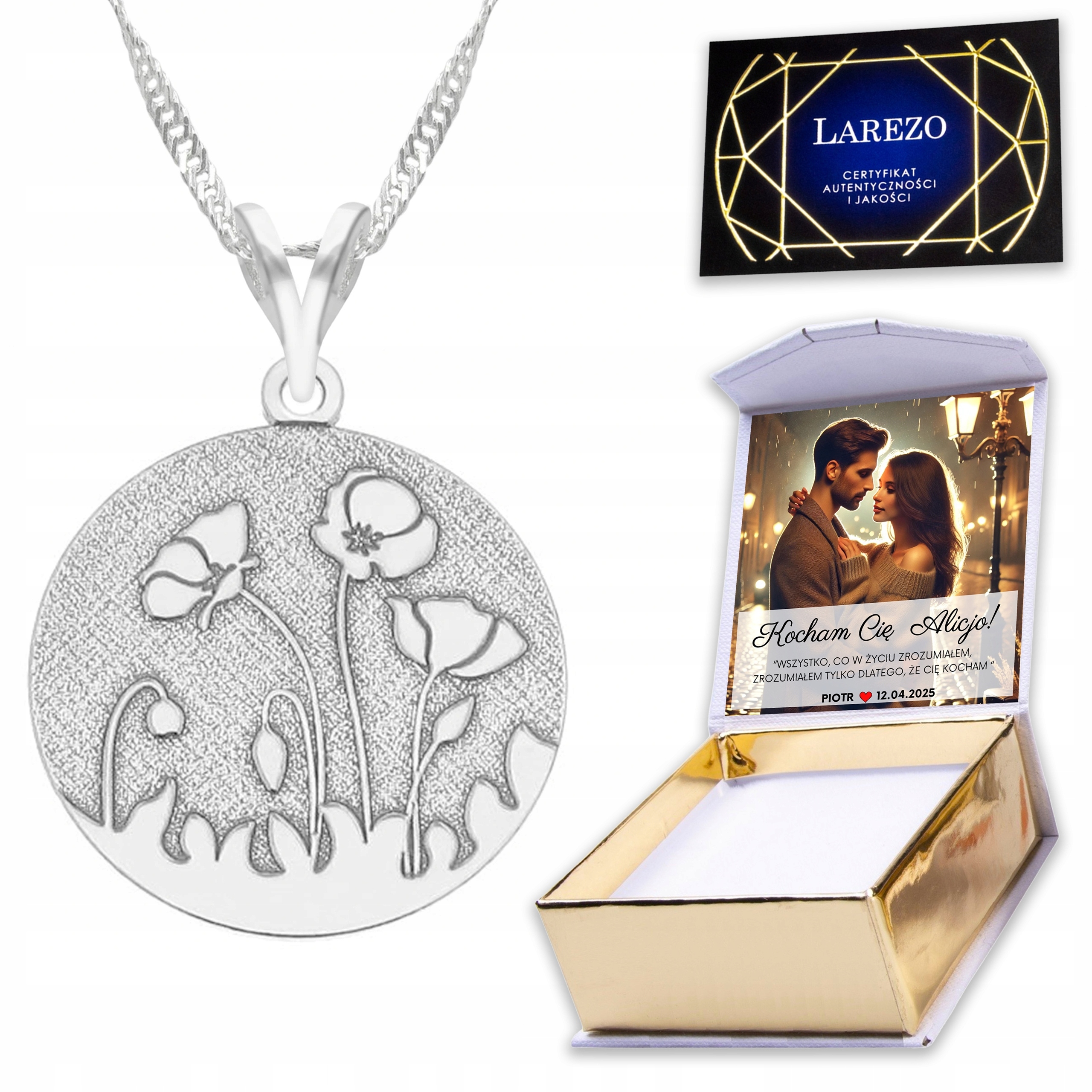 Stříbrný náhrdelník 925 Plech Máky Louka Mák Květiny Vlastní Potisk