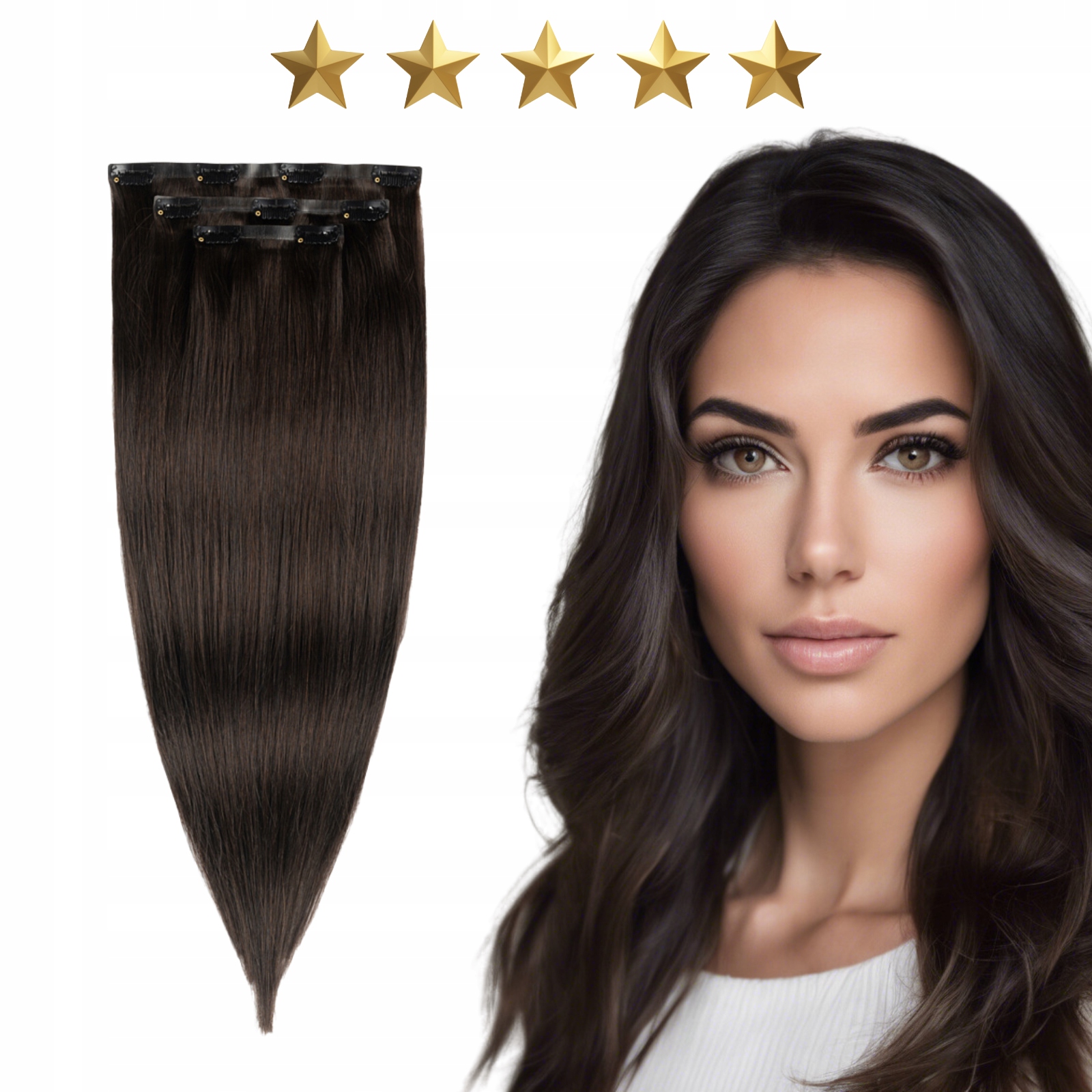 Bezšvové příchytky, přírodní vlasy Clip In 50 cm, 3 pásky 60 g #1b Tmavě hnědá