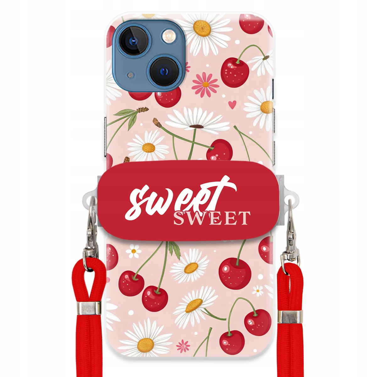 Puzdro pre iPHONE 14 Červené vodítko držiak Sweet Sweet Čerešňa a sedmokráska