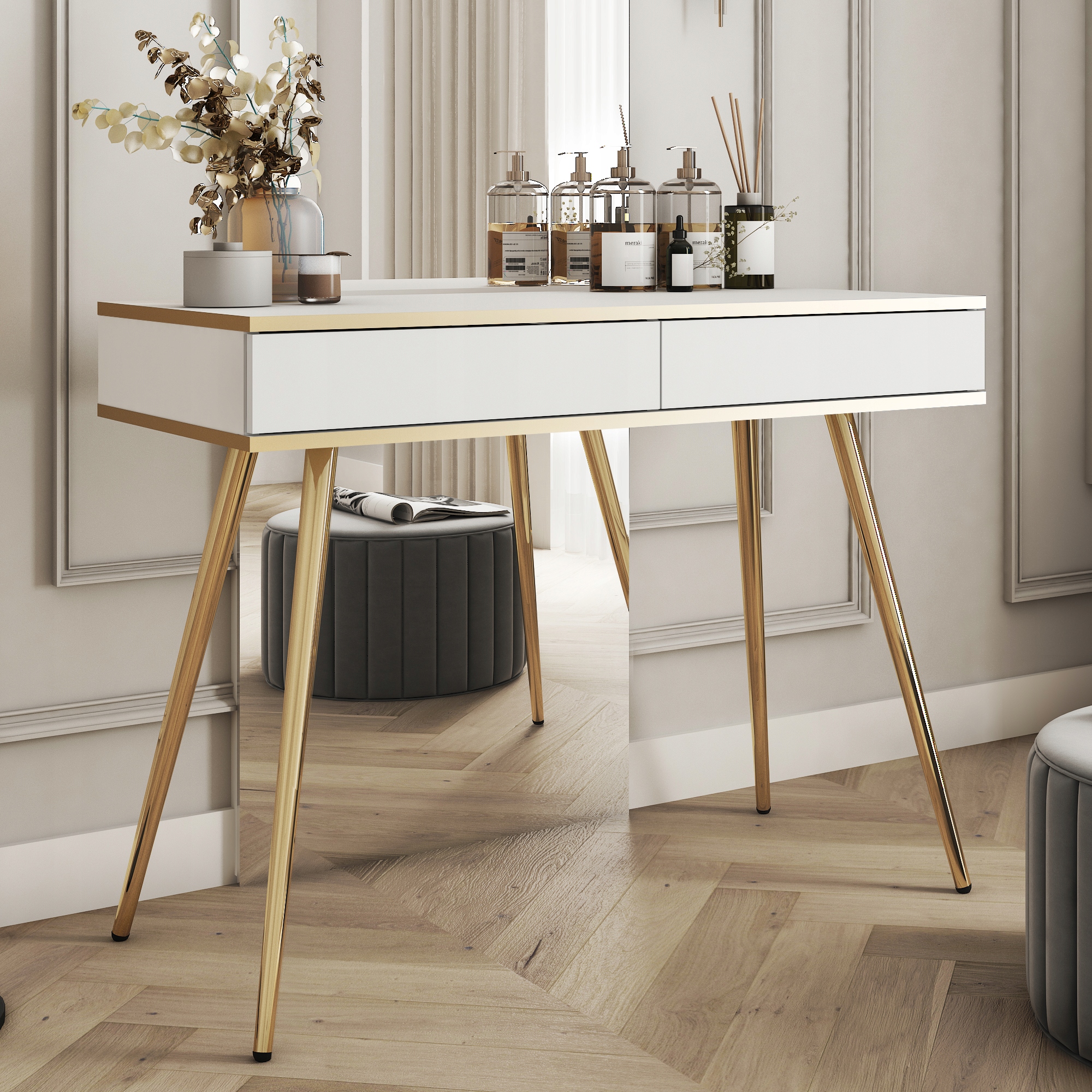 Komodee Elegantný toaletný stolík Banff T102 Biely Zlaté nohy a zdobenie