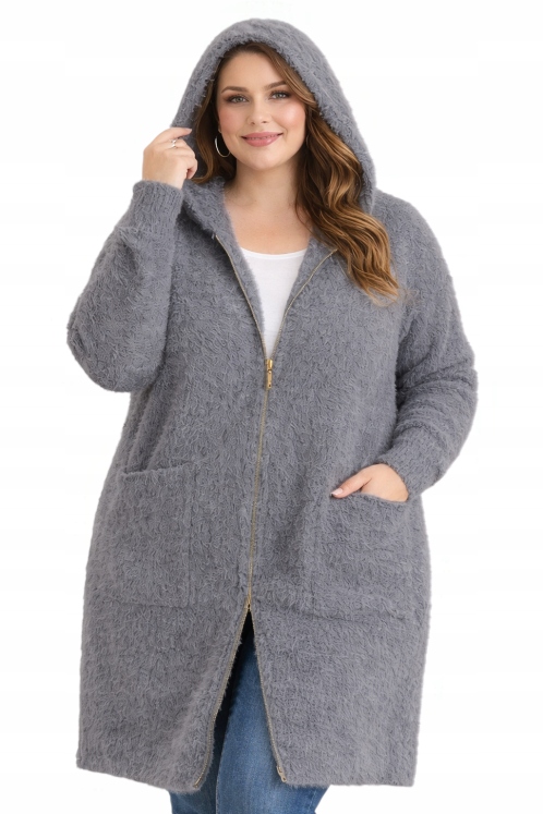 Svetr kardigan rozepínací dlouhý alpaka kapuce zlatý zip teplý 46 48 3XL