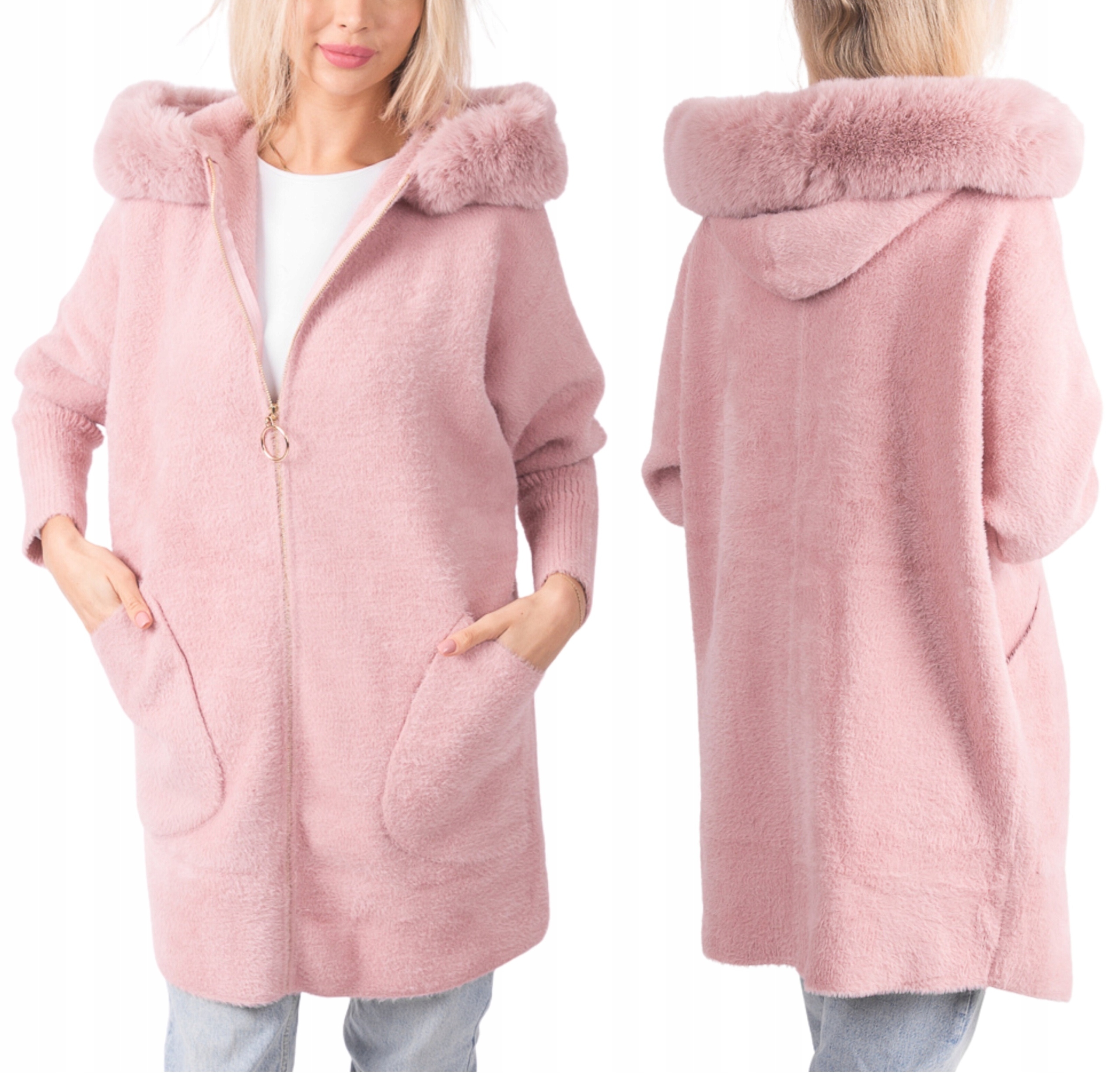 Alpaka Dámský Zimní Kabát S Dlouhou Kapuce Zip Vlna Kožíšek Růžový