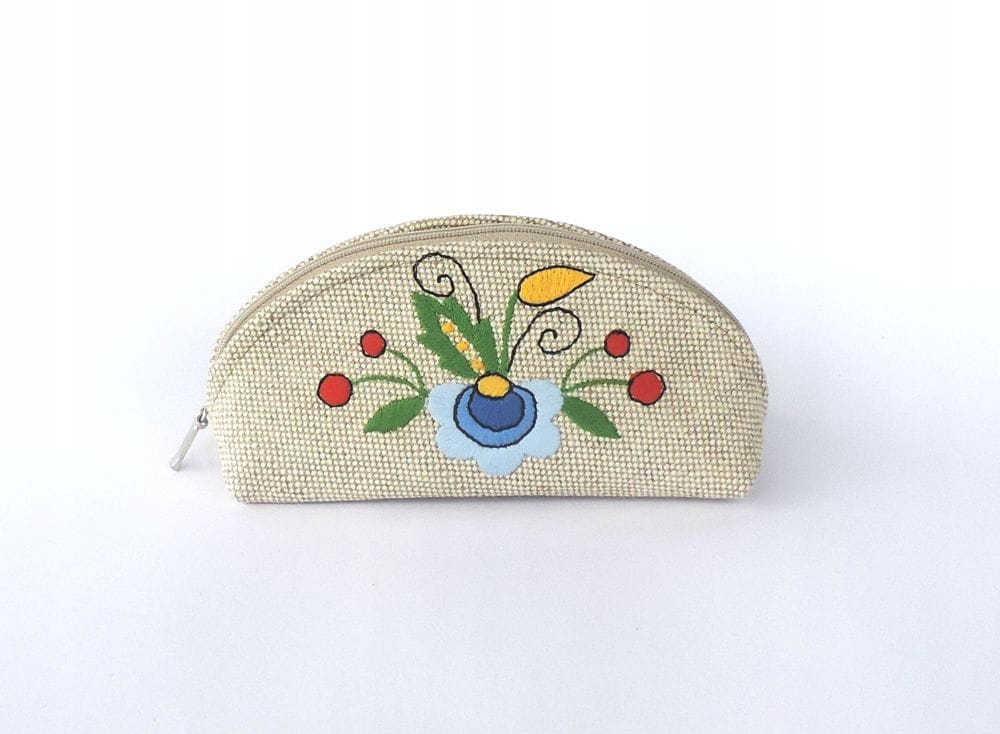 Malá Kosmetická Taška Folk Výšivka Kašubské Květiny Lněná Handmade