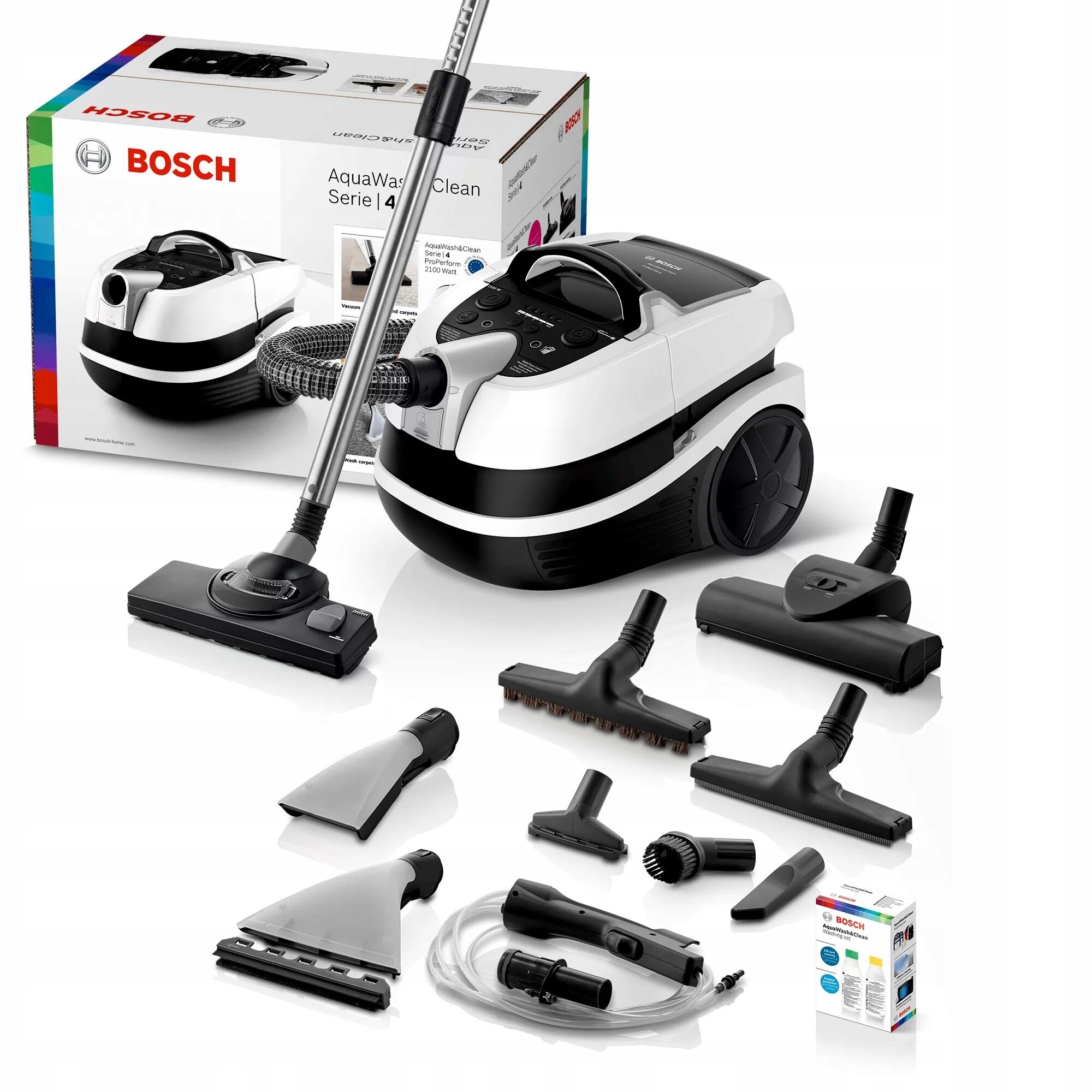 Odkurzacz Bosch AquaWash Clean mocny 2100W Turboszczotka Zestaw Szczotek