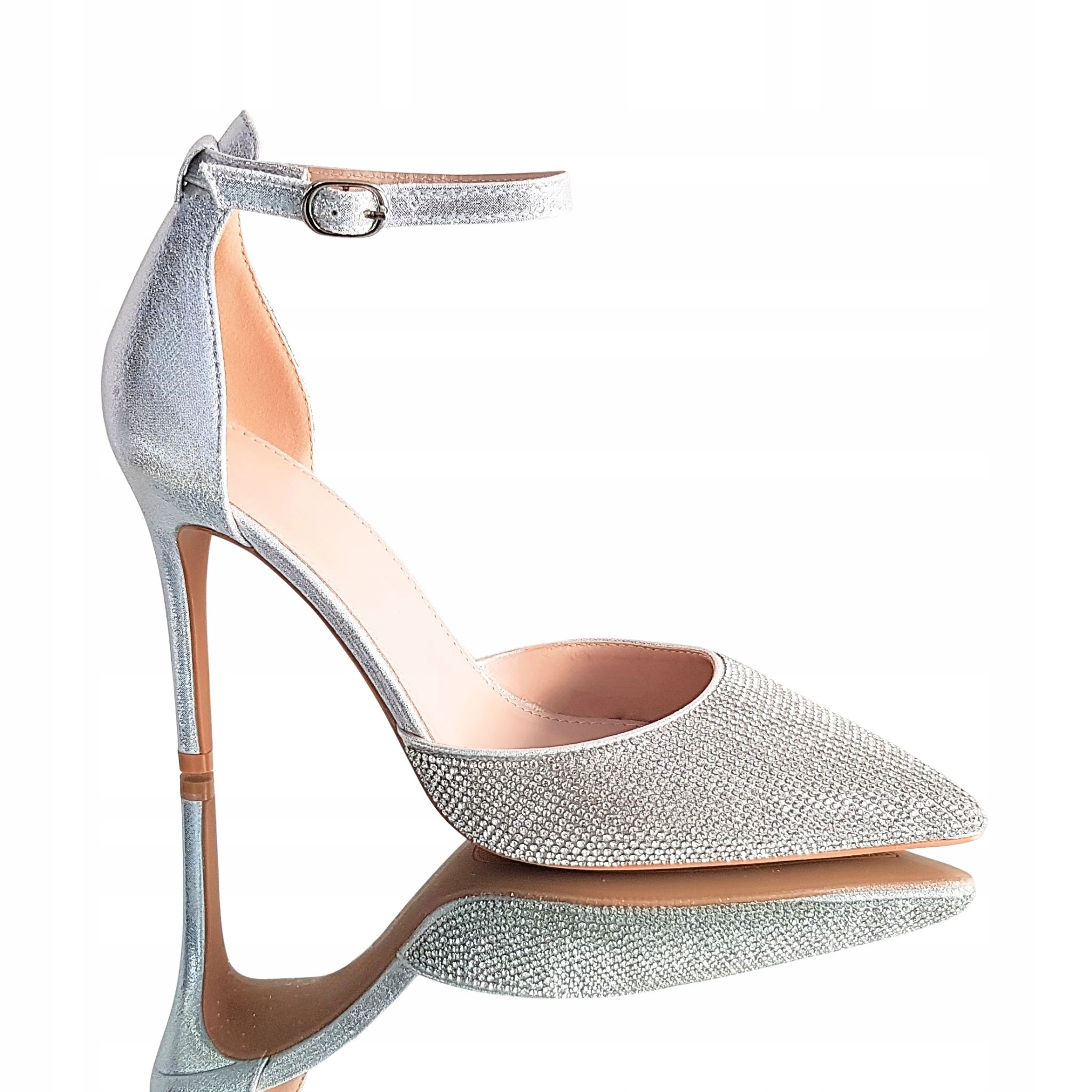 Srebrne Buty Czółenka Na Szpilce Pasek W Kostce Cyrkonie 40