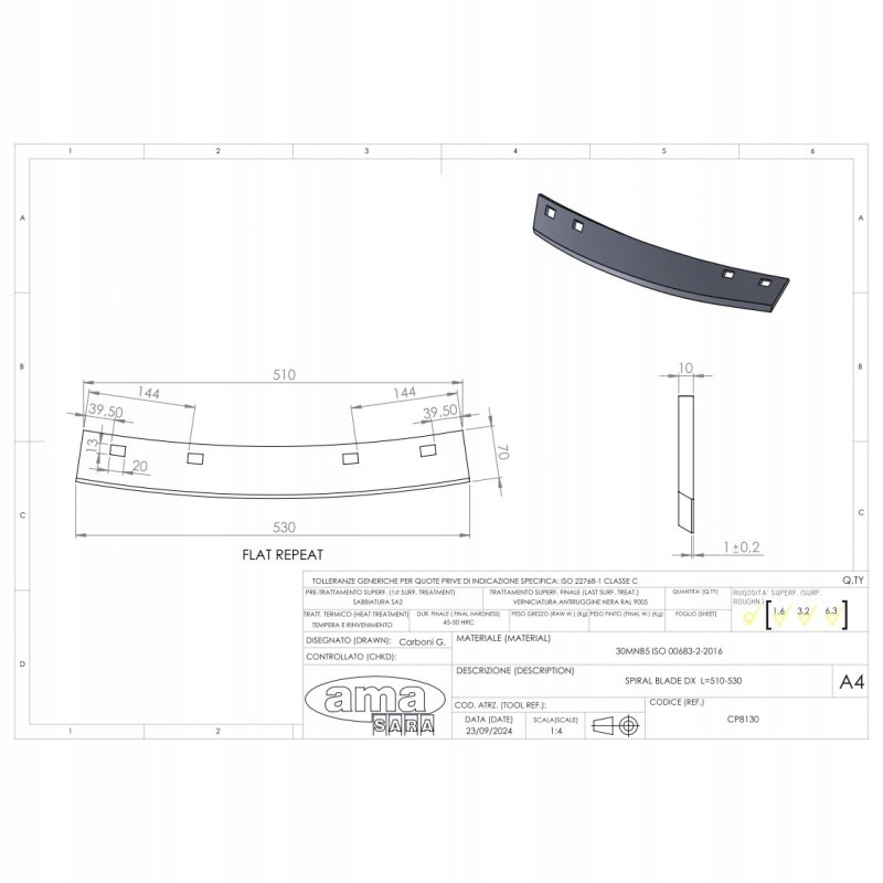 Nůž kultivačního hřídele pravý 530x70x10 mm CP8130