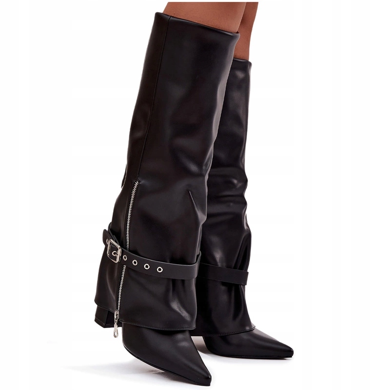Dámské Nazouvací Kozačky Eko Kůže Podpatek Ozdobný Sloupek Pásek Zip Černé 39