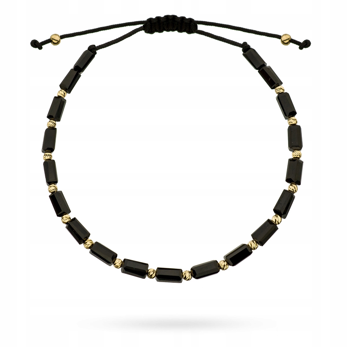 Złota Bransoletka Damska Na Sznurku pr. 585 14k Czarne Kamienie i Koraliki