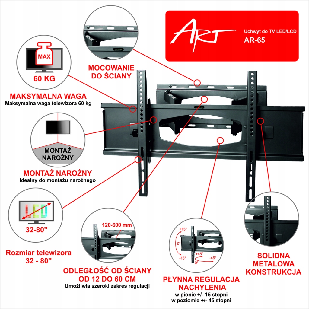 Art Uchwyt Do Tv AR-65 Art 32-80" 60KG reg.