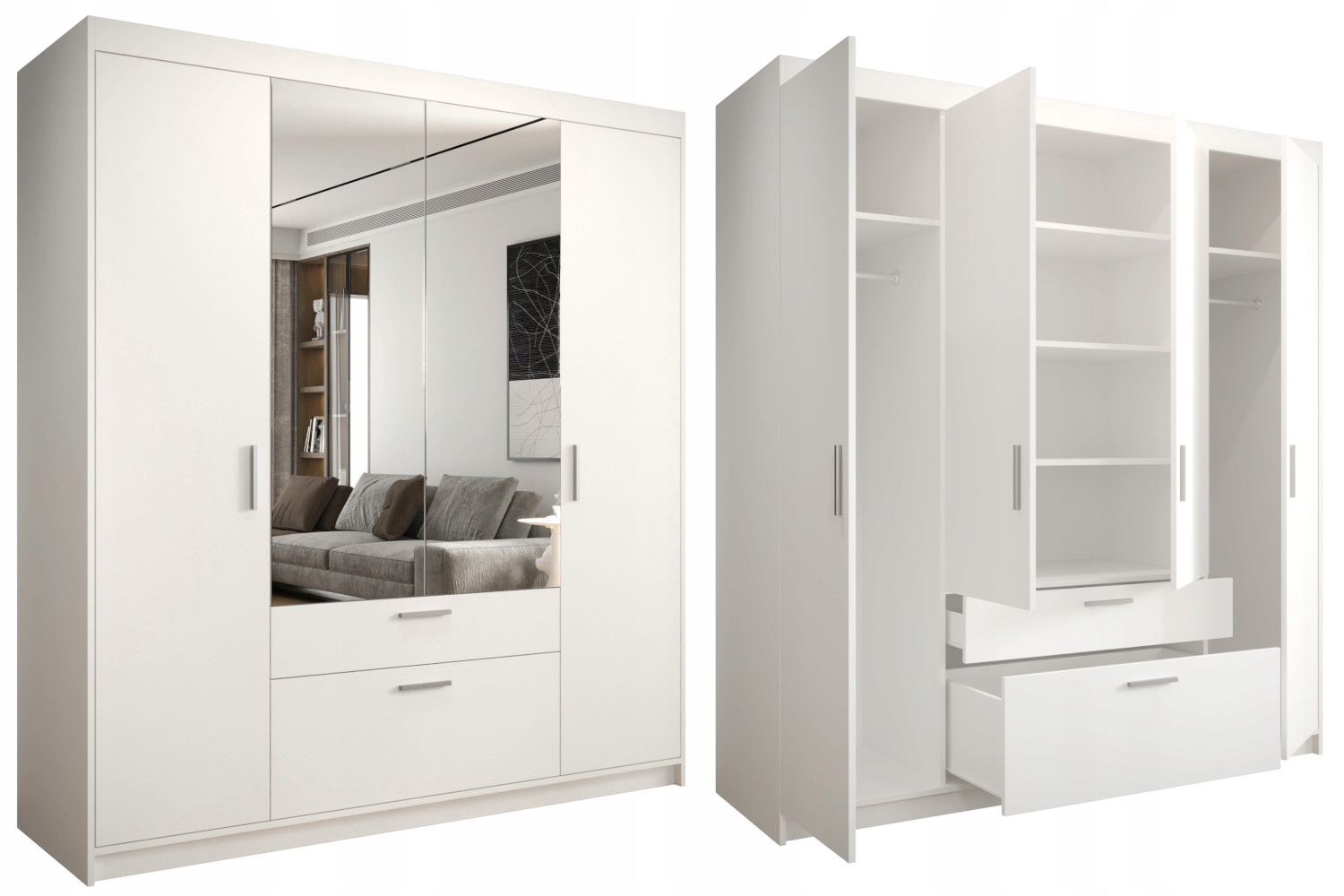 Skříň 4-dveřová 175 Zrcadlo Zásuvky Bílá LESZ23 Prostorná šatní skříň O-sofa