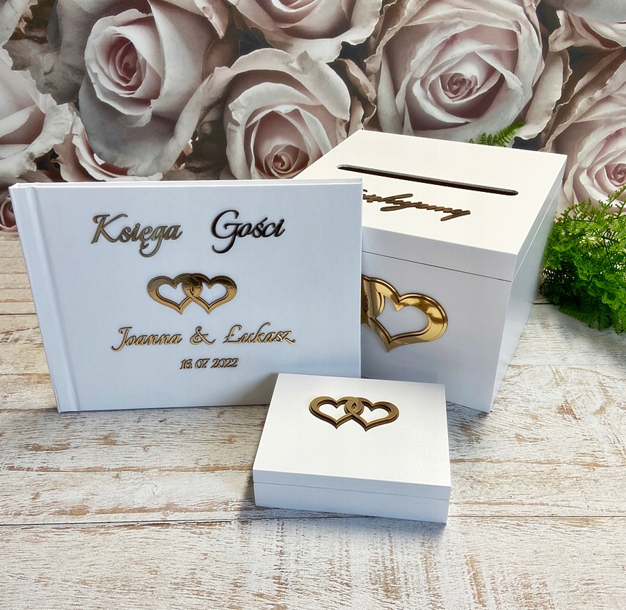 Pudełko na koperty + obrączki białe + księga złote dekory
