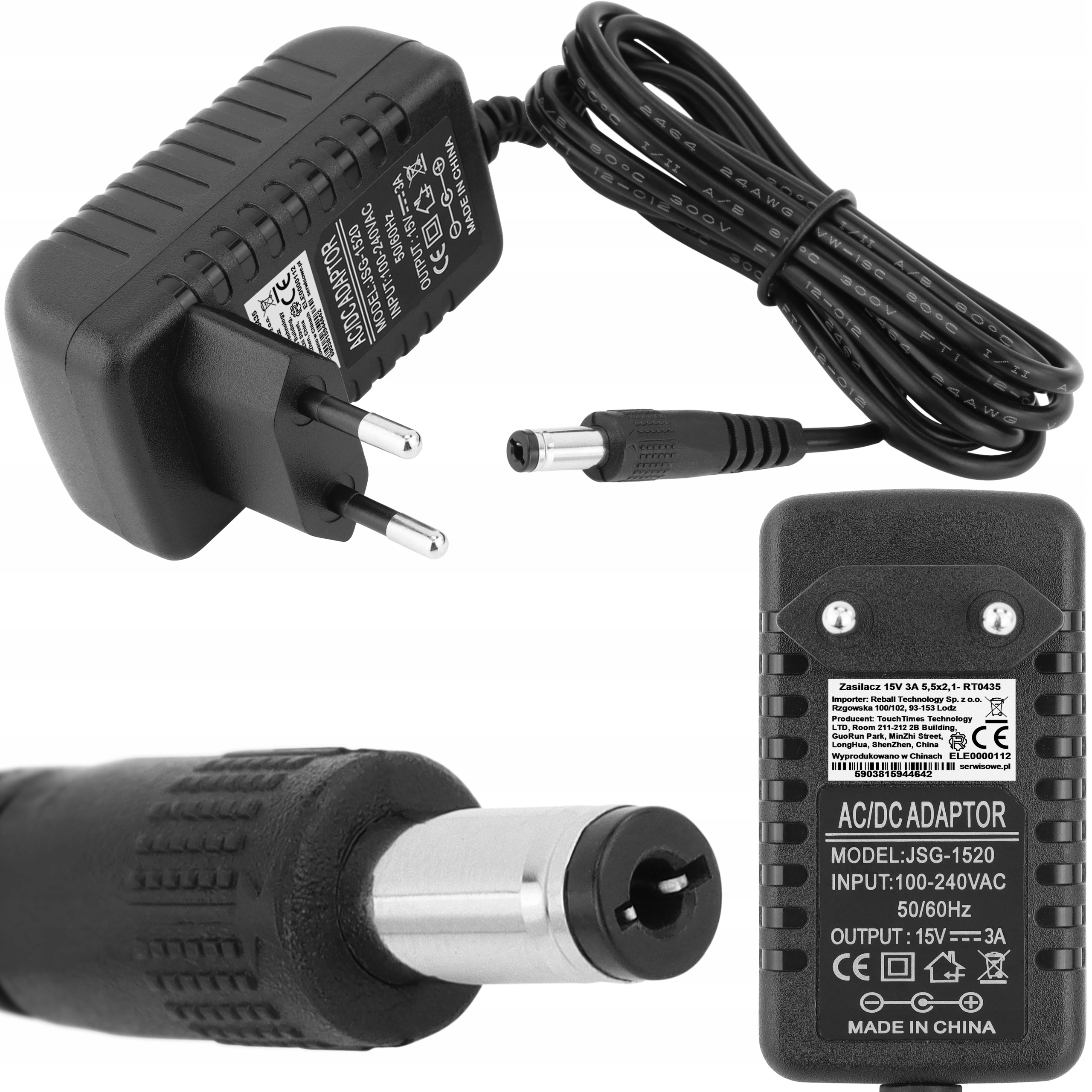 Zasilacz 15V 3A 45W Impulsowy DC Sieciowy Uniwersalny Reball 2.1/5.5mm
