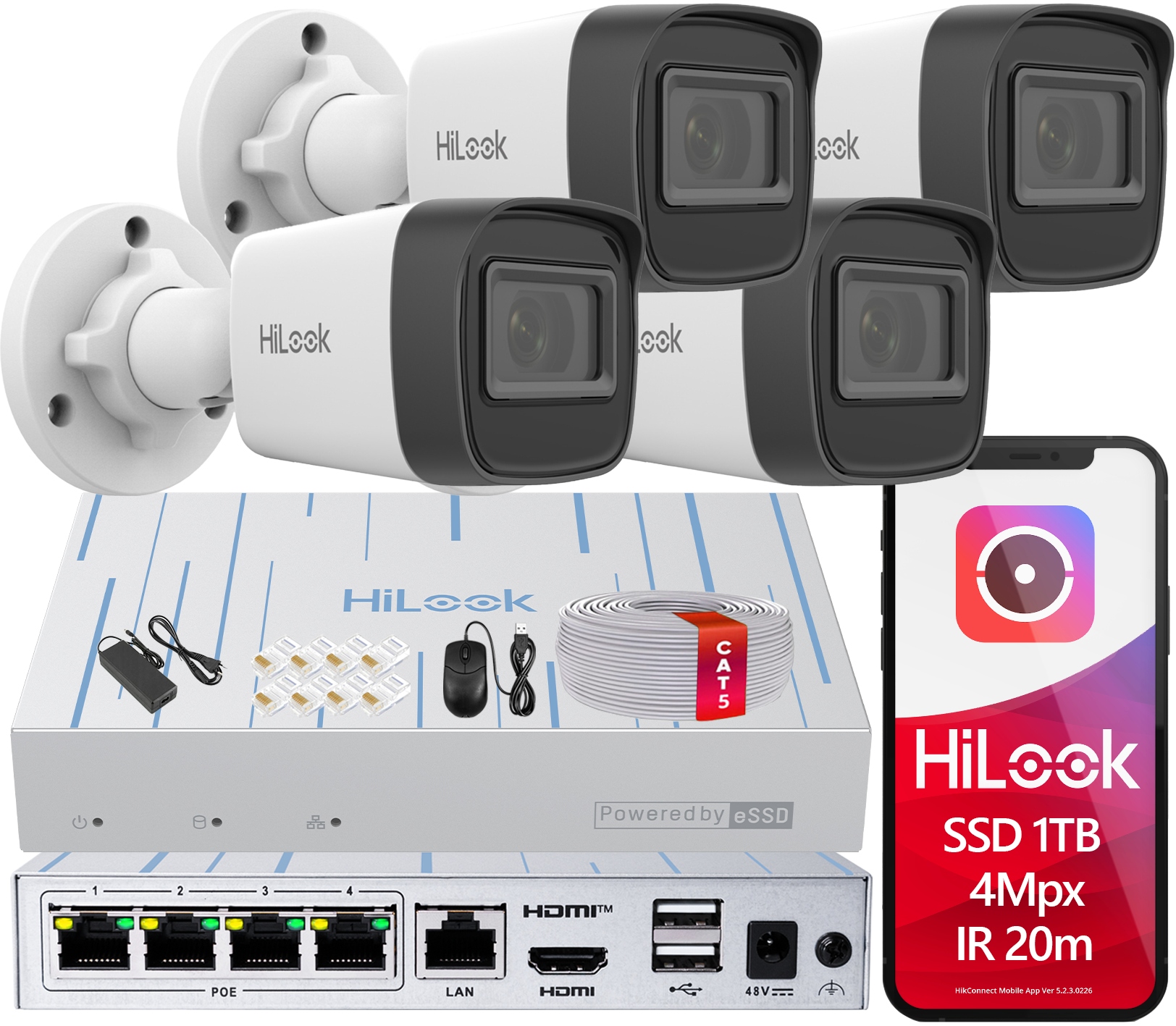 Monitorovanie Ip Komplet 4 kamery Fhd Ir 20 m PoE Ssd rekordér 1TB