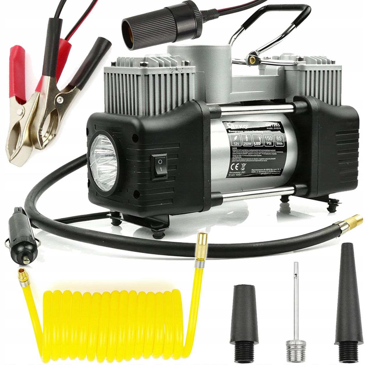 KOMPRESOR SAMOCHODOWY 12V POMPKA 250W 2-TŁOKI LED