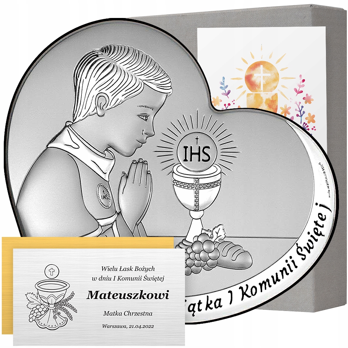 

Srebrny obrazek dla chłopca z grawerem Komunia