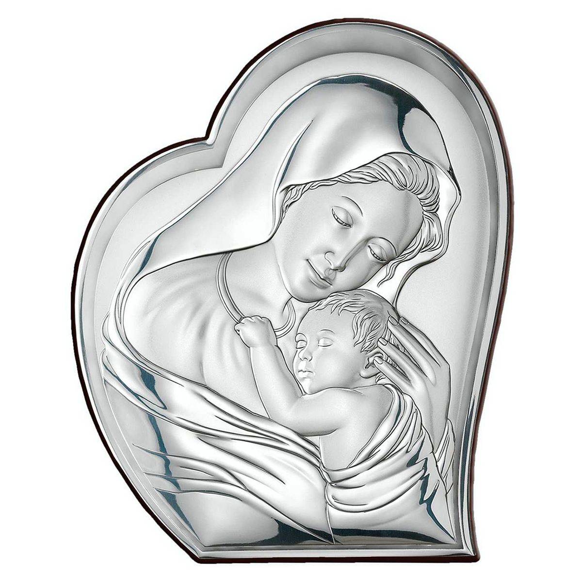 Stříbrný obrázek Matka Boží s dítětem v srdci 12.1x14.6 cm