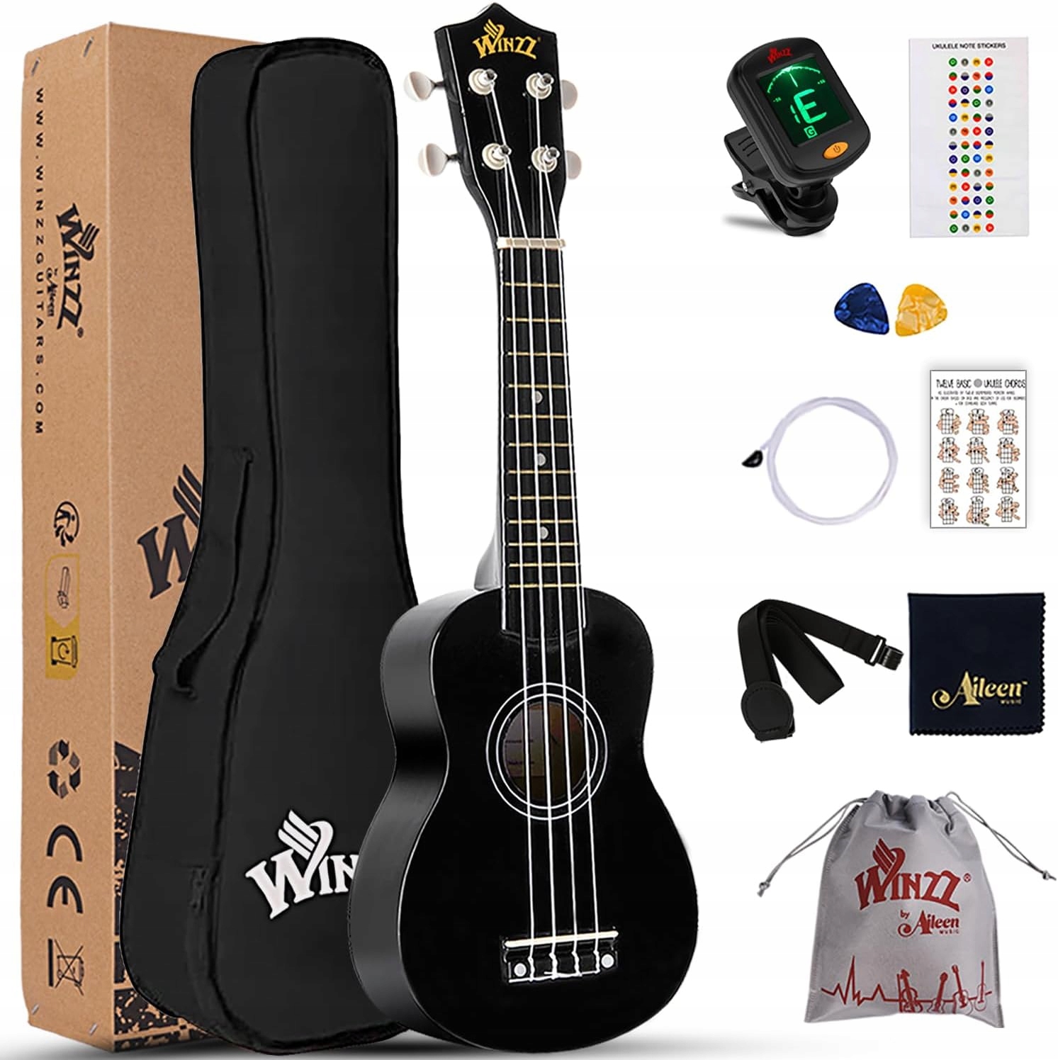 Sopránové Ukulele 21" Winzz Struny Aquila Černé Sada Bonus