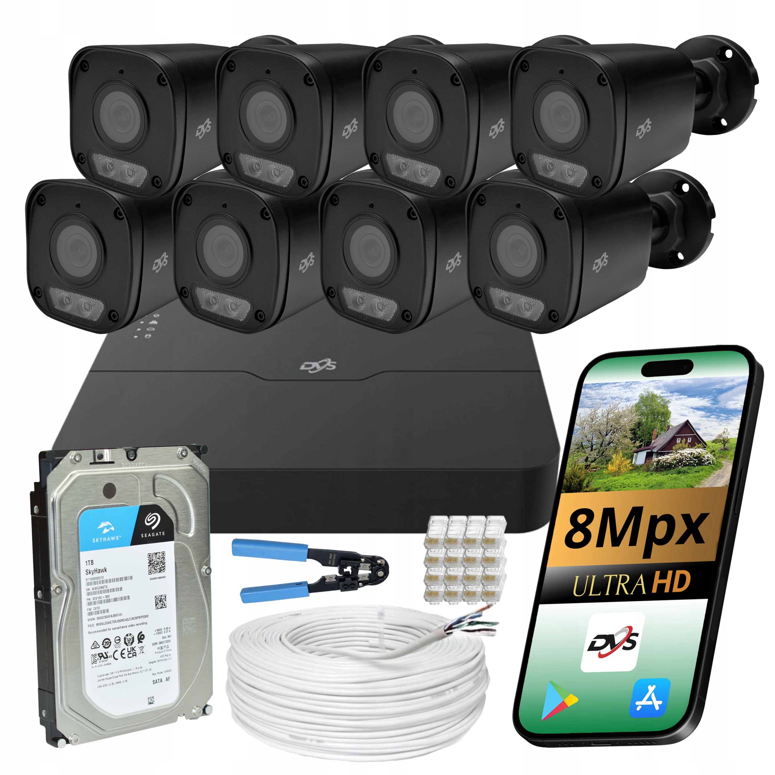 Kompletní Systém Monitorování Domu Dvs 8x Kamera 4K Ip Poe Led Ir Disk 1TB