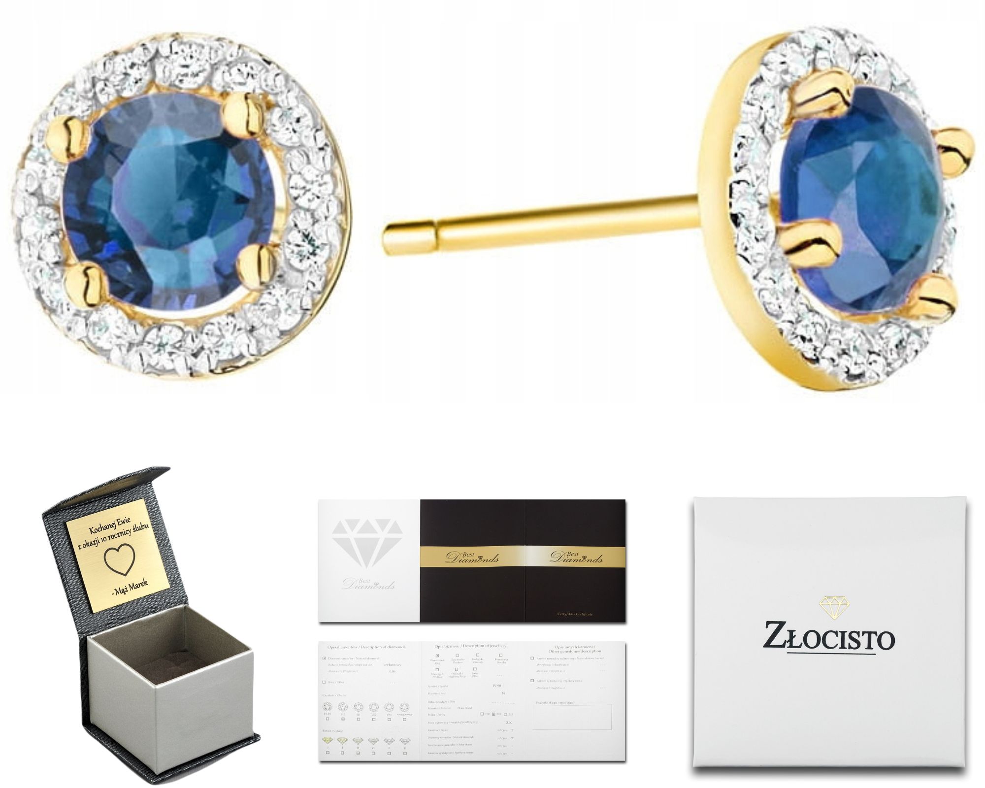 Zlaté Náušnice S Diamanty A Safírem 585