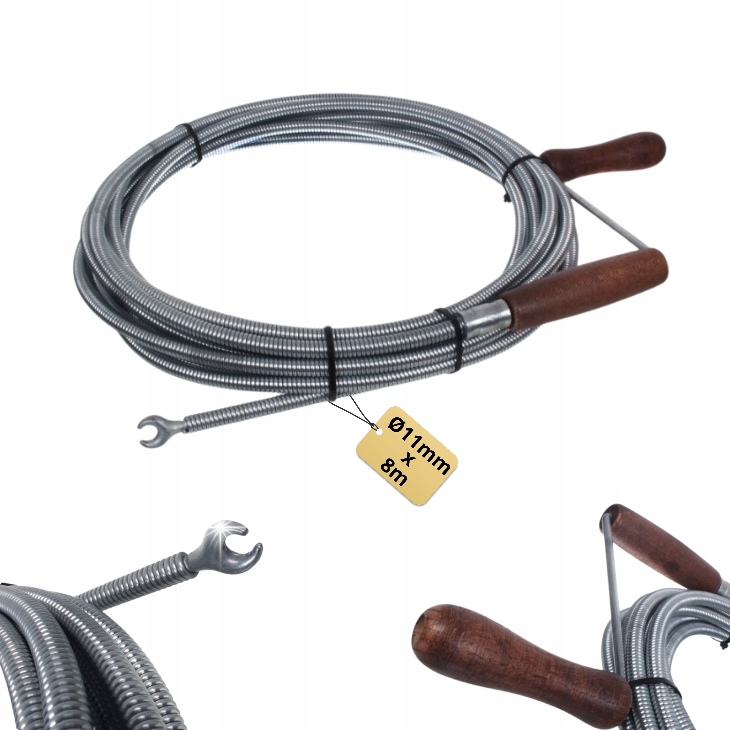 Spirála Zmijka Kanalizační pružina pro trubky 8 m Ø11 mm s dřevěnou rukojetí