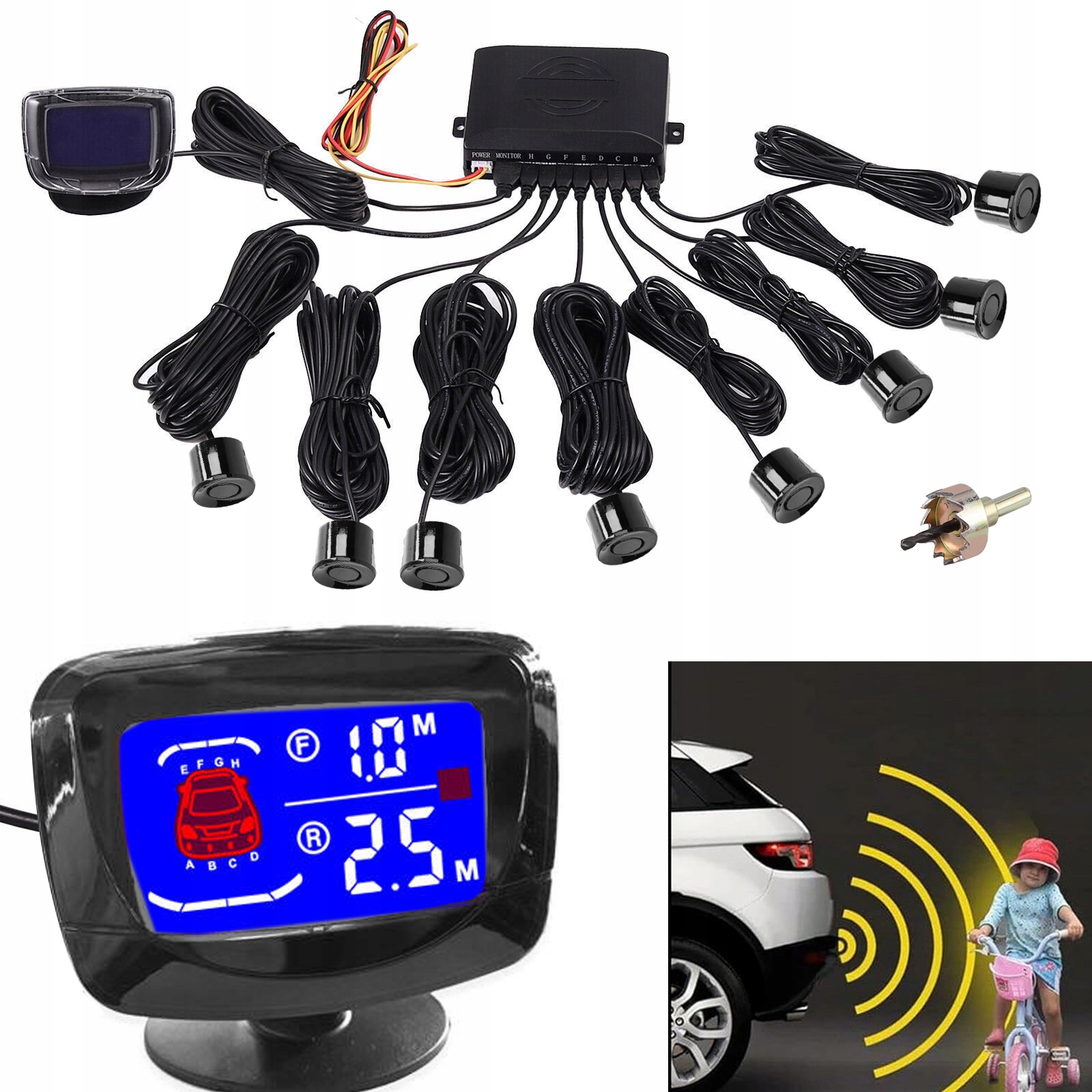 Snímače couvání – 8x vpřed a vzad, černý LCD displej