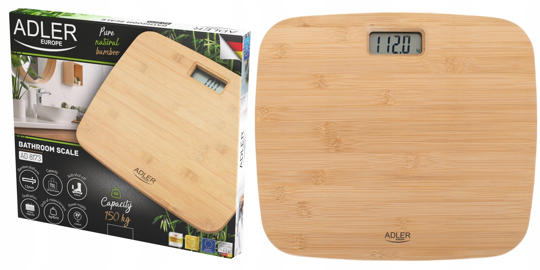 Waga Łazienkowa Bambusowa AD 8173 150kg Dokładna 100g