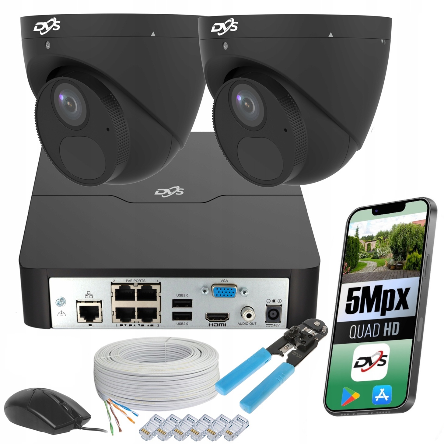 Sada Pro Monitorování 2 Kopulové Kamery Černé S Mikrofonem Pro Vzdálený Náhled