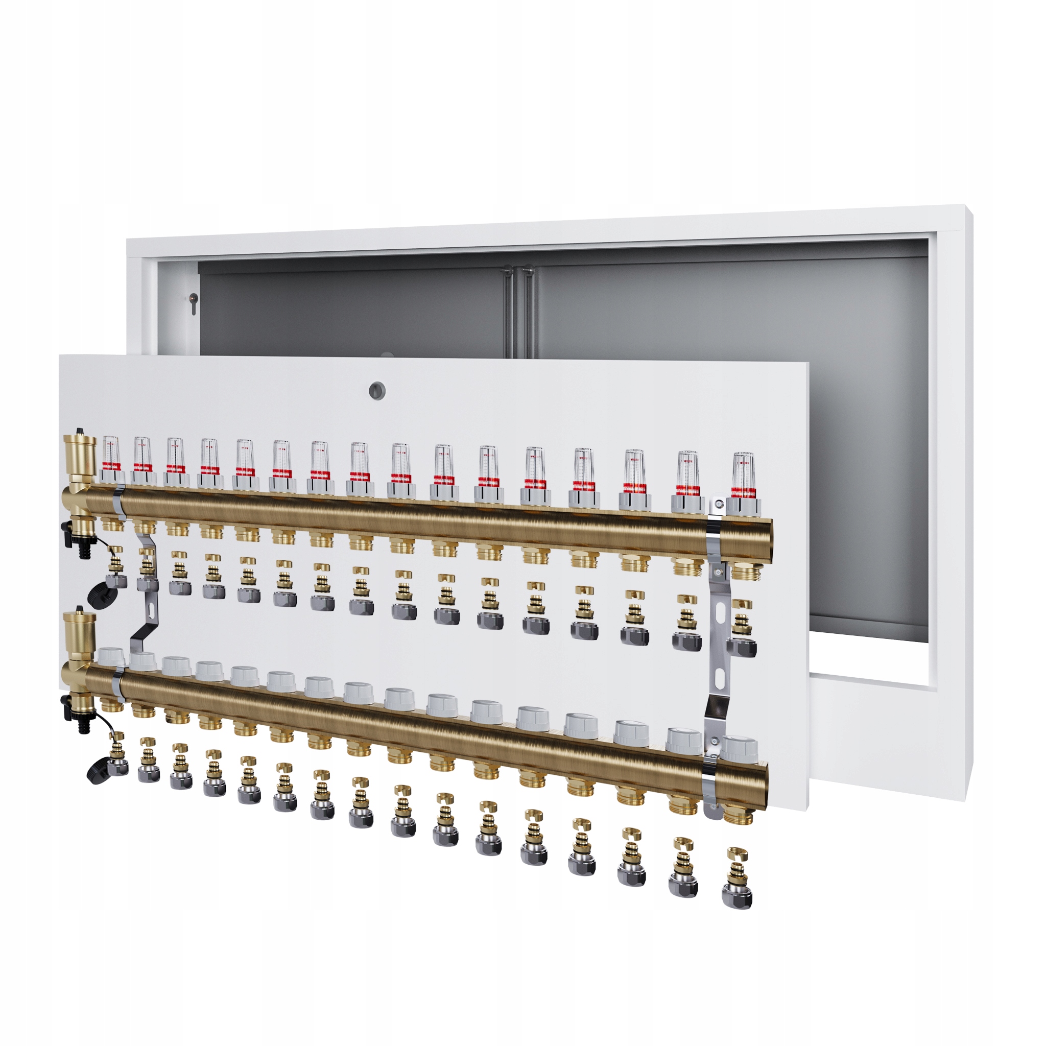 Rozdělovač pro podlahu 16 podlahových topení s nástěnným boxem Pex