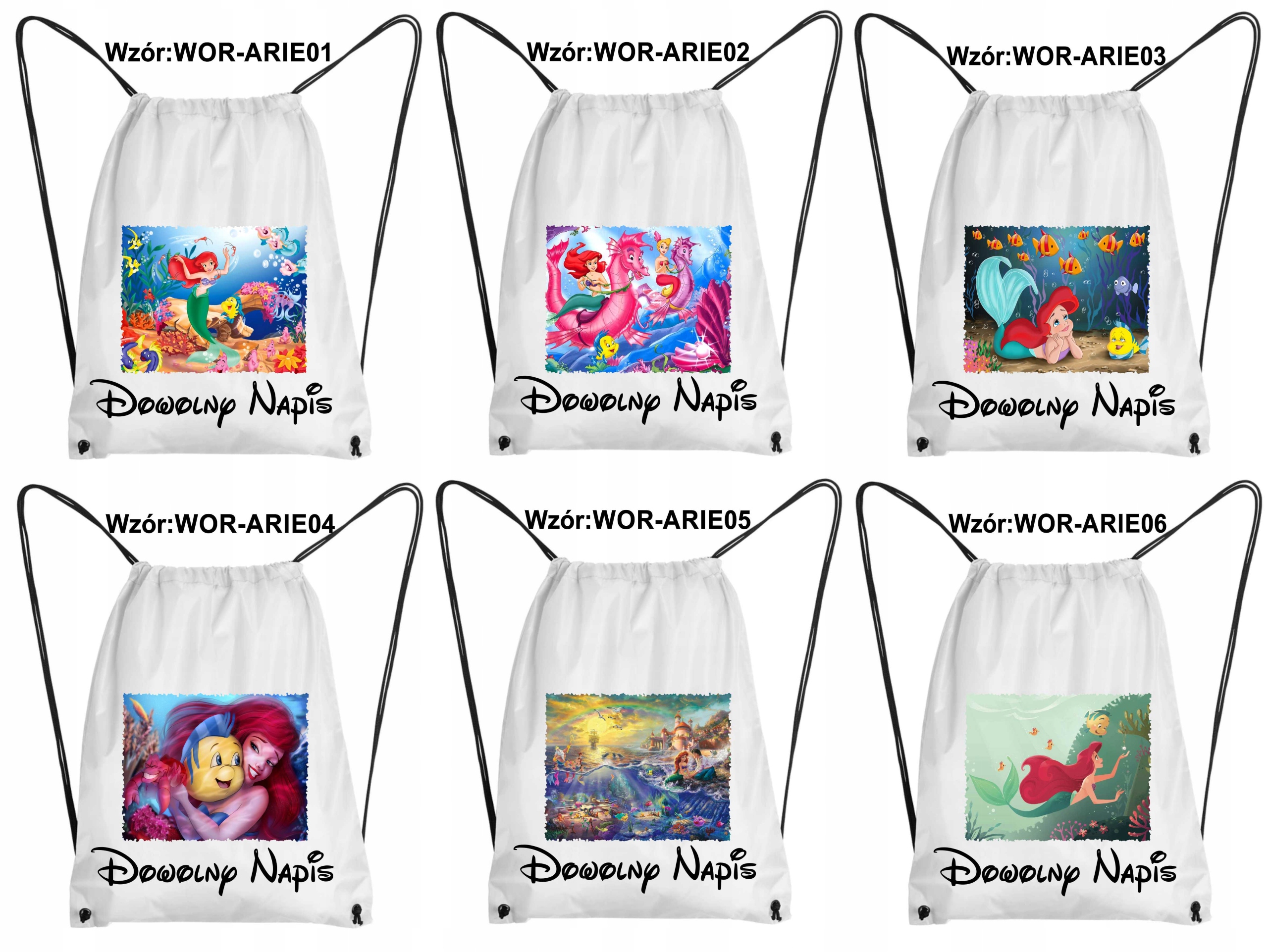 WOREK imię KSIĘŻNICZKA ARIELKA syrenka strój na BUTY WF z własnym napisem Kod producenta upominek-prezent