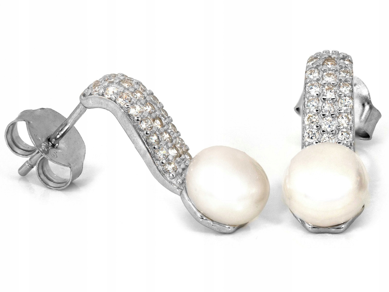 Stříbrné náušnice 925 na tyči s perlou a zirkony 2.65 g bílá perla