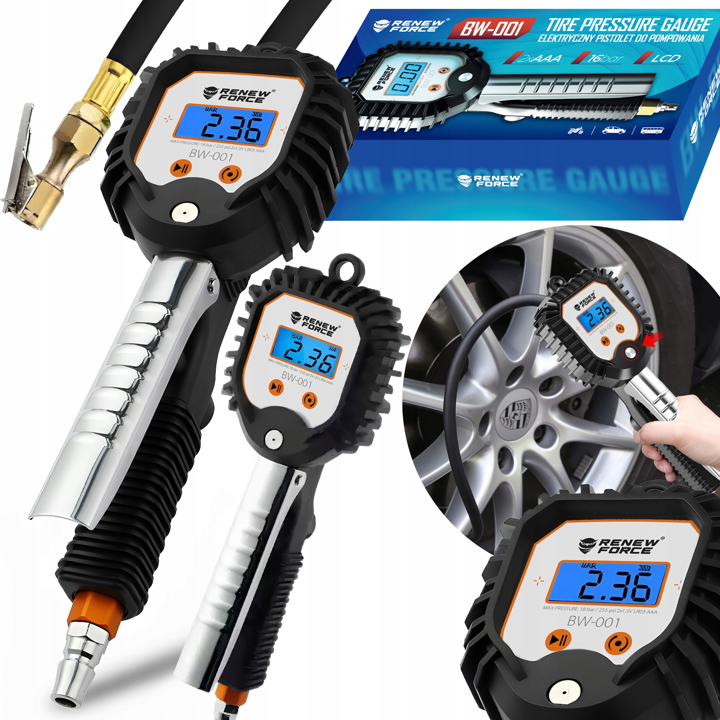 Digitální Pistole Na Nafukování Kol Pneumatik Manometr 1/4 LCD Dlouhá Hadice 18 Bar