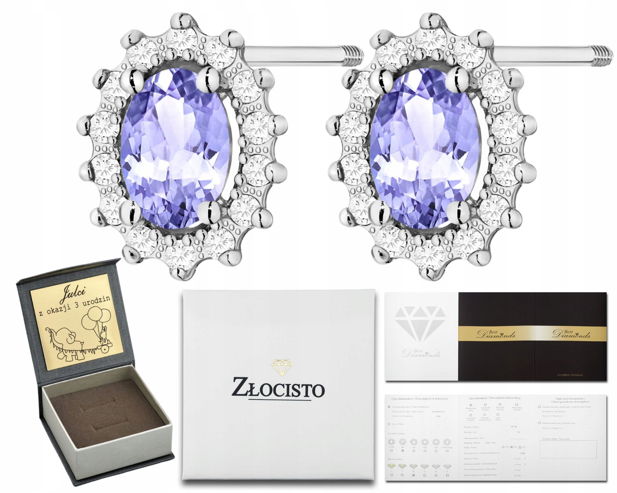 Náušnice z bílého zlata s tanzanity a diamanty, 585 Zlato Ryzost šroubovací