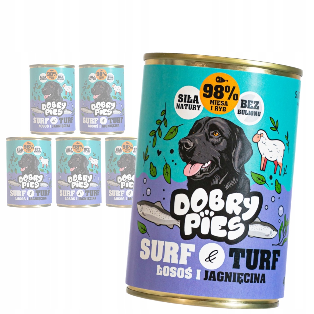 Levně Dobry Pies Surf&Turf 6x400g Vlhké Krmivo pro dospělé psy Losos Jehněčí maso