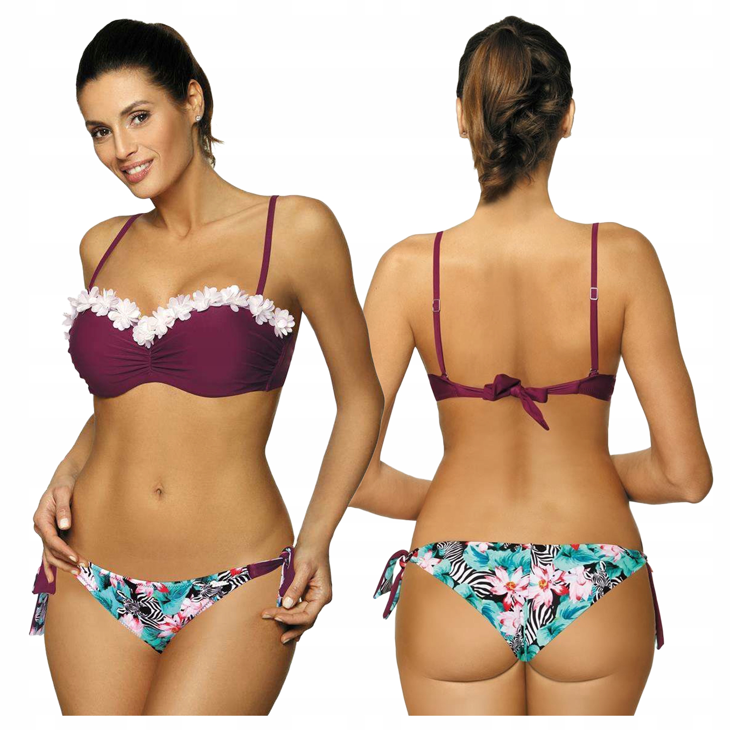 Dvoudílný kostým s vázáním a květinami Push-Up Claudia M-452 Fialová S