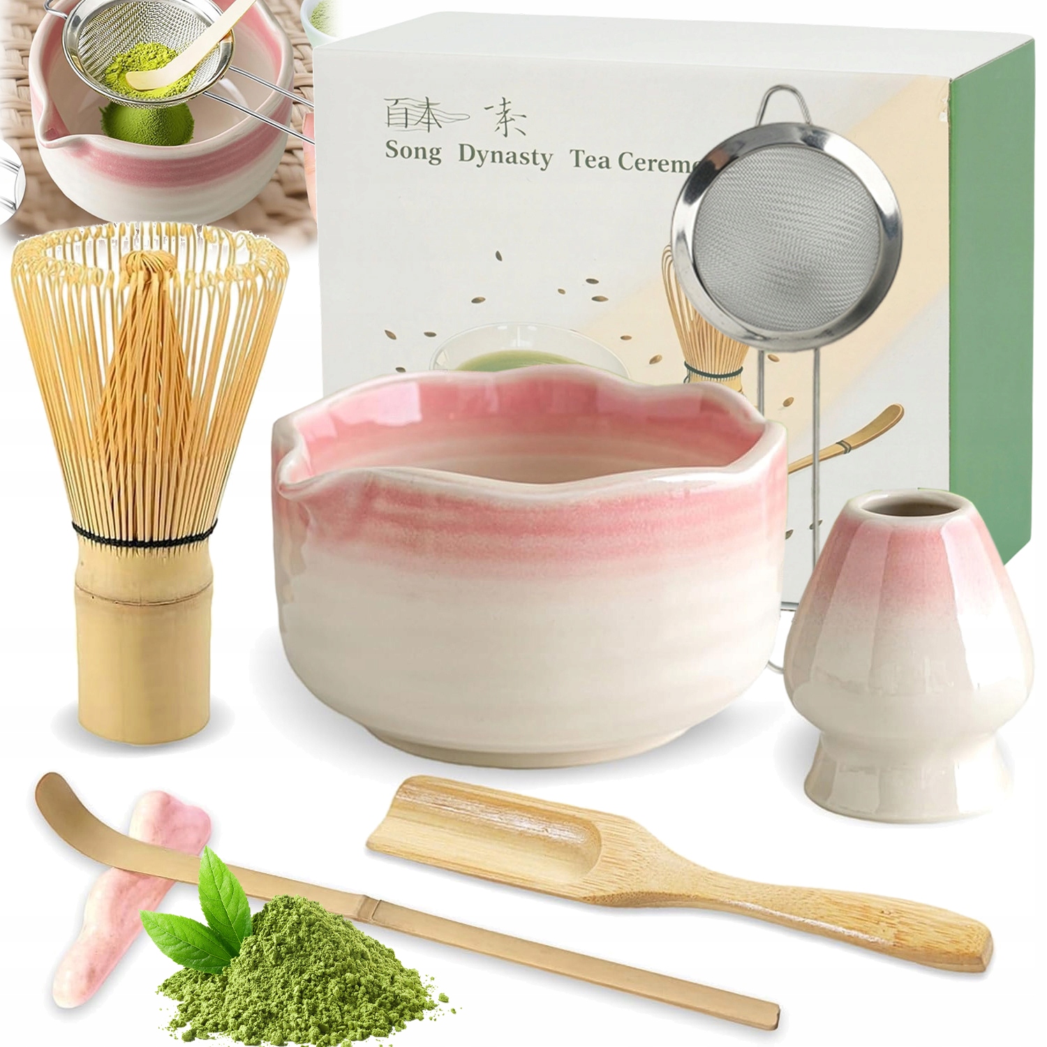 Premium Zestaw Matcha 7W1 Bambus Ceramika Bezlumpkowa Kremowa Matcha