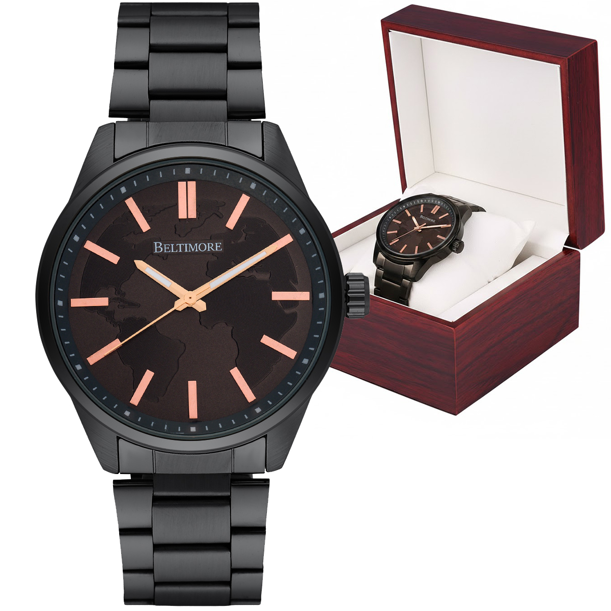 Pánské hodinky s náramkem, velké, robustní, černé, quartzové, v krabička Beltimore