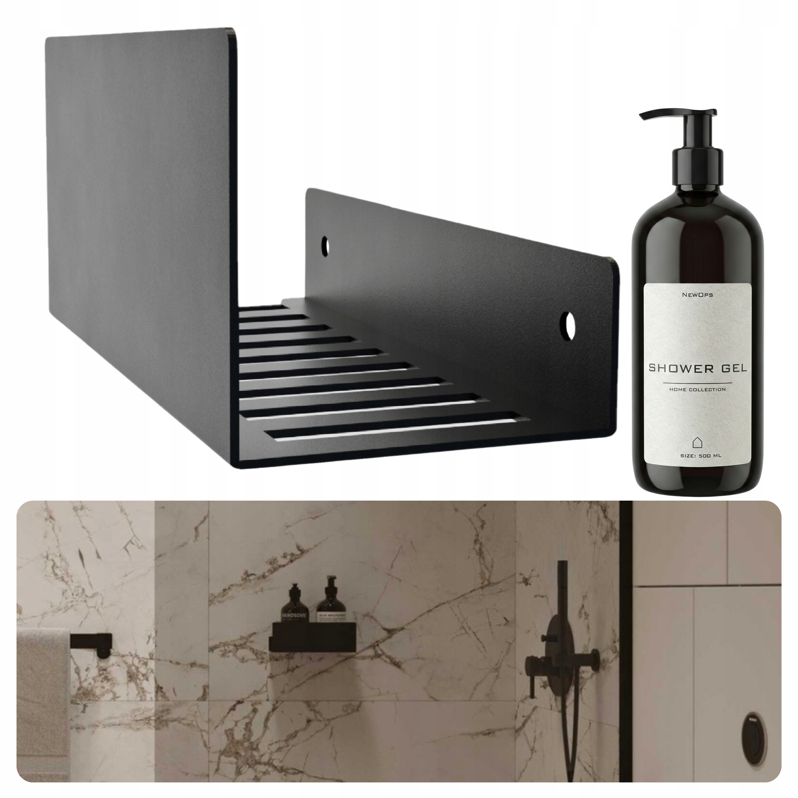 Černá Kovová Koupelnová Sprchová Polička Moderní 30 cm Dávkovač