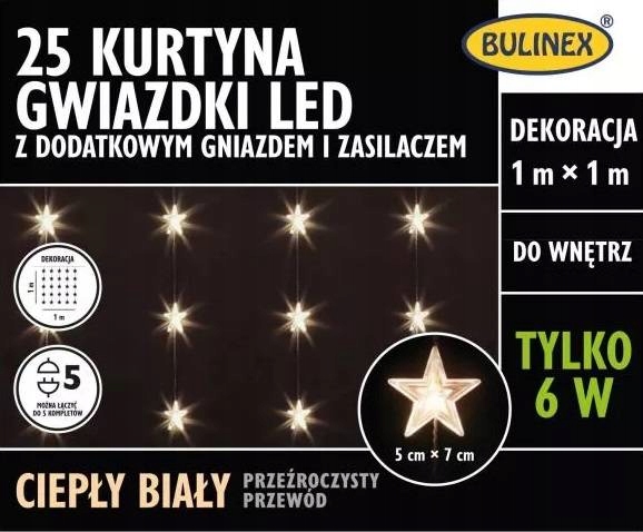 

Kurtyna wewnętrzna gwiazdki Led 1m biały ciepły 25