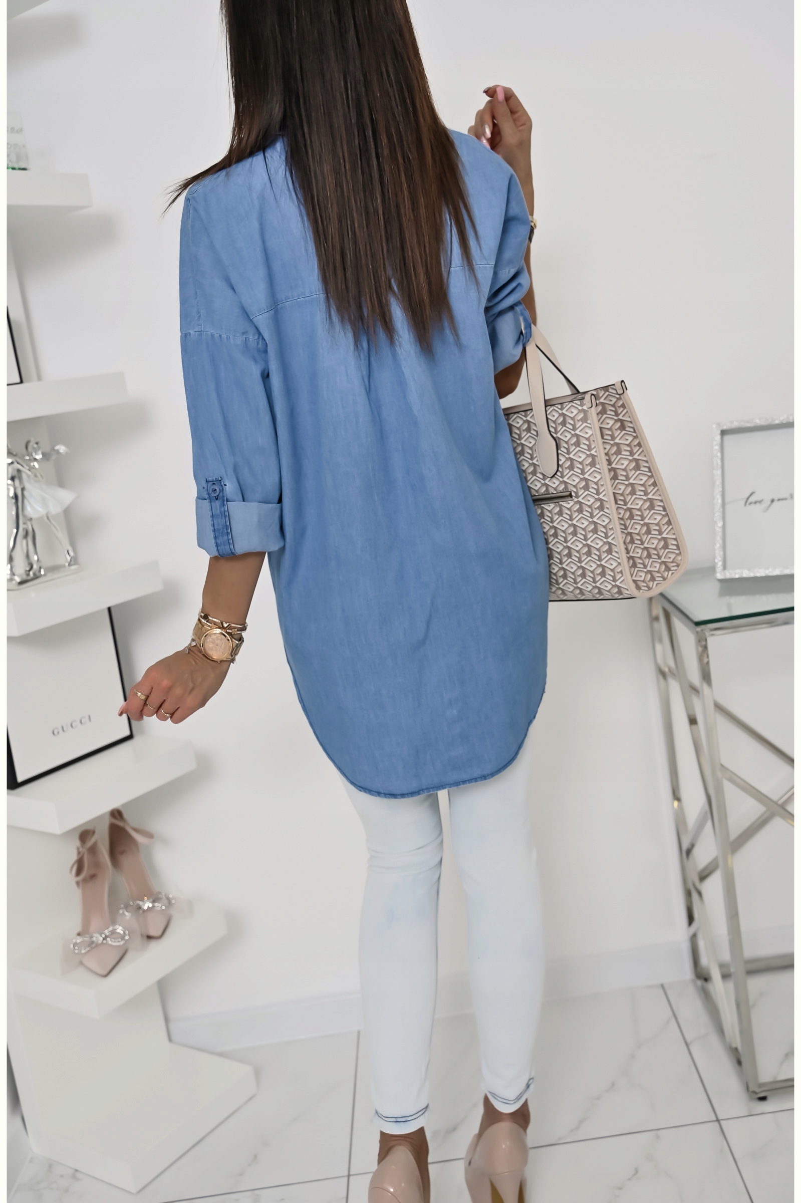 CASUALOWA JEANSOWA KOSZULA OVERSIZE EMMELINE! WZ.12 M Dekolt kołnierzyk