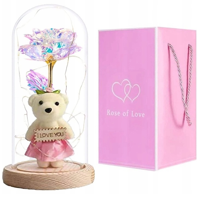 WIECZNA RÓŻA W SZKLANEJ KOPULE Z SŁODKI MIŚ ŁAŃCUCH ŚWIETLNY LED PREZENT Marka bez marki