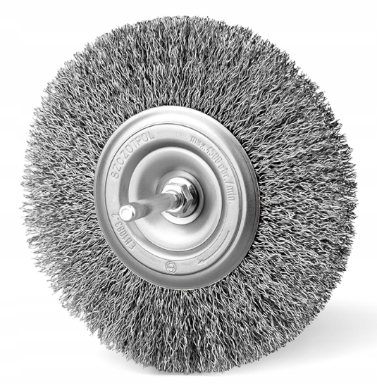 SZCZOTKA TARCZOWA DRUCIANA NA WIERTARKĘ Z TRZPIENIEM SZCZOTPOL 120 mm PL