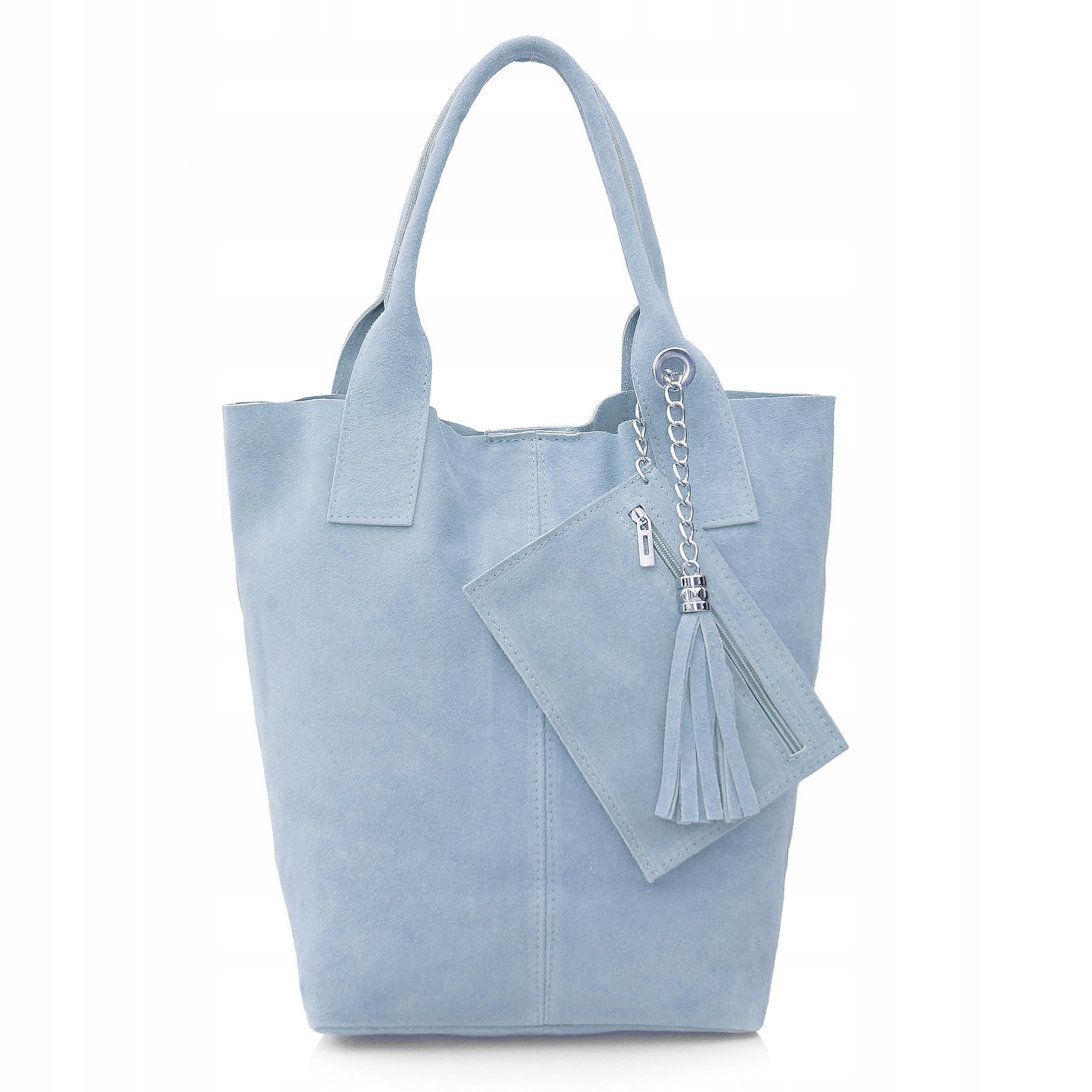 Vera Pelle torebka zamszowa worek shopper z suwakiem i saszetką J.niebieska