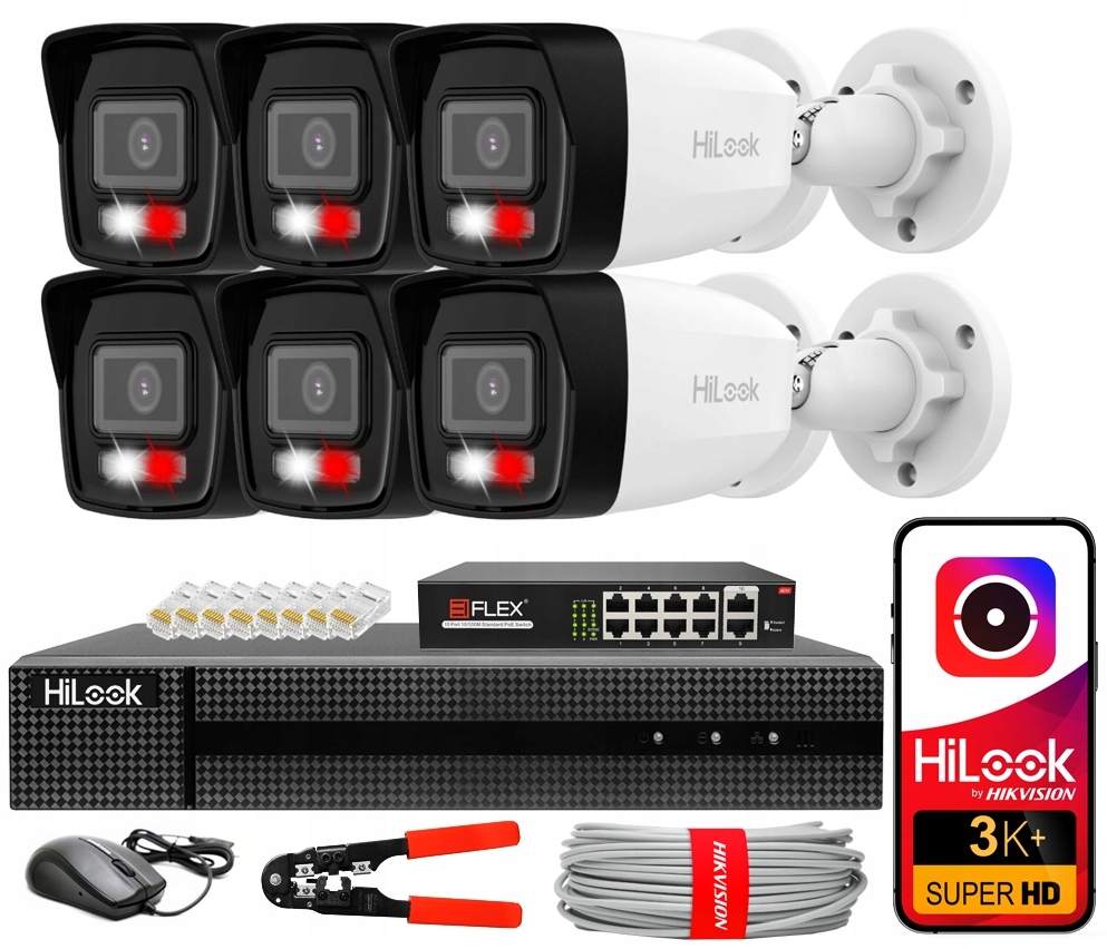 Zestaw Monitoringu 6 Kamer IP 6MPx ZEWNĘTRZNY Hikvision Switch PoE EIFLEX
