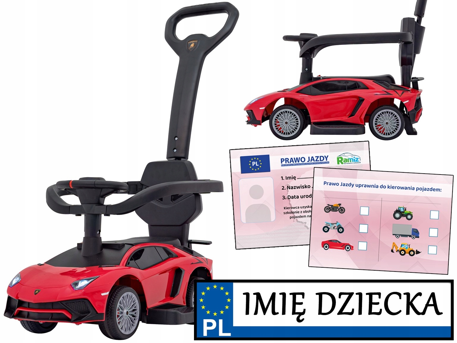 pierwsze Lambo jeździk pchaczyk dla dziecka Gumowe Koła Długi Pałąk