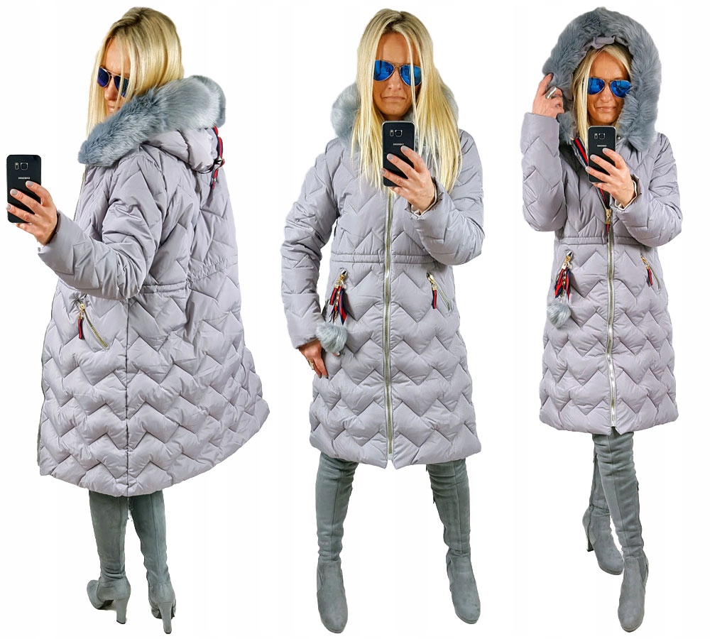 

Pikowany Długi Płaszcz Kurtka Zygzak Parka Futro S